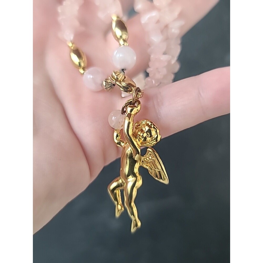 Rose Quartz Beaded Cherub Pendant Necklace Vintage Costume Jewelry